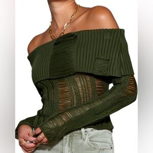 Off-Shoulder Olive Green Knit Sweater